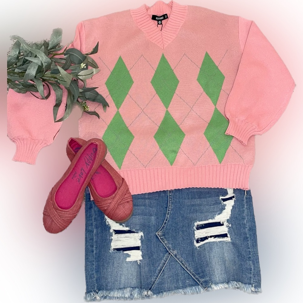 Misguided Argyle Vintage Style V Neck Jumper Sweater